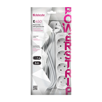Удлинитель Defender E450 4р.С/З 10A 5.0м ПВС 3x1мм² IP20 белый (1/30)