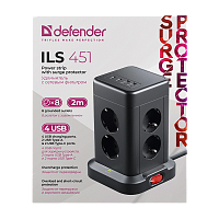 Сетевой фильтр Defender ILS 451 8р.С/З 16A 2.0м 2USB+2Type-C 350 Дж ПВС 3x1.5мм² с выкл. черный (1/1