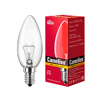 Лампа накаливания Camelion E14 60W 220V свеча прозрачная (1/100)