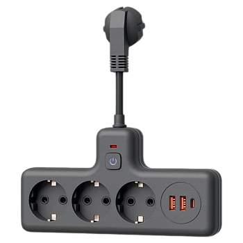 Сетевой фильтр Космос Компакт 3р.С/З 10A 0.3м 2USB+Type-C ПВС 3x1мм² с выкл. черный (1/40)