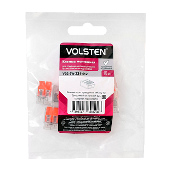 Строительно-монтажная клемма Volsten V02-9W-221-412 2 пр. до 4 мм, 32А, 450 В, 10 шт., оранжевый