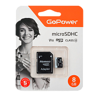 Карта памяти microSD GoPower 8GB Class10 15 МБ/сек V10 с адаптером