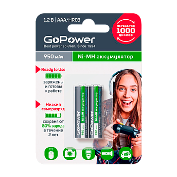 Аккумулятор предзаряженный RTU GoPower HR03 AAA Б/УП NI-MH 950mAh с плоским контактом (50/1000) 