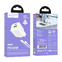 Сетевое З/У HOCO N65 1USB+1Type-C 20W PD,QC с кабелем Type-C белый (1/13/130)