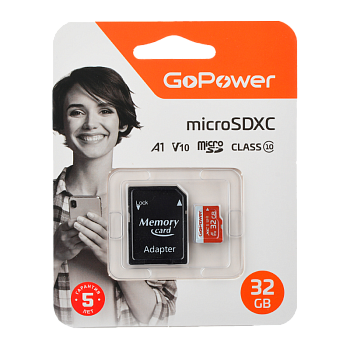 Карта памяти microSD GoPower 32GB Class10 UHS-I (U3) 80 МБ/сек V30 с адаптером