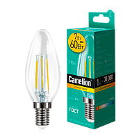 Лампа светодиодная филамент Camelion C35 E14 7W 3000К 207-244V свеча прозрачная (1/10/100)