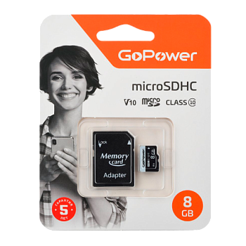 Карта памяти microSD GoPower 8GB Class10 15 МБ/сек V10 с адаптером