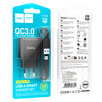 Сетевое З/У HOCO C140A 1USB 2.1A 18W QC3.0 с кабелем microUSB черный (1/28/168) 