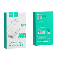 Сетевое З/У HOCO C11 1USB 1.0A с кабелем Lightning белый (1/10/100)