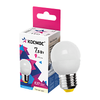 Лампа светодиодная Космос GL45 E27 7.5W 3000К 220V шар матовая (1/10/80)