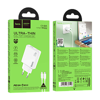Сетевое З/У HOCO C142A 1USB+1Type-C 20W PD,QC с кабелем Type-C-Lightning белый (1/19/190) 