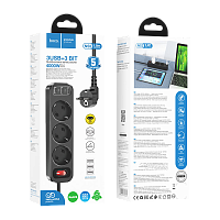 Сетевой фильтр HOCO NS2 3р.С/З 16A 1.8м 3USB черный (1/33)