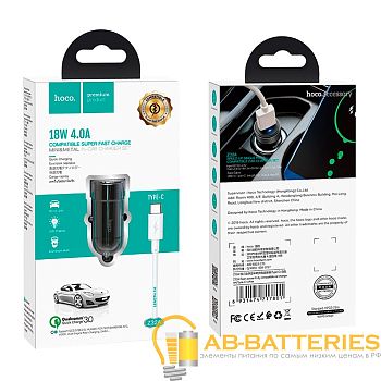 Автомобильное З/У HOCO Z32A 1USB Type-C (m) 3.0A QC3.0 черный (1/14/140)