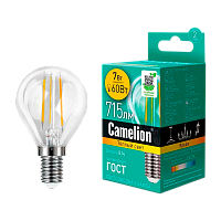 Лампа светодиодная филамент Camelion G45 E14 7W 3000К 207-244V шар прозрачная (1/10/100)