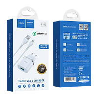 Сетевое З/У HOCO C12Q 1USB 3.0A QC3.0 с кабелем microUSB белый (1/10/100)