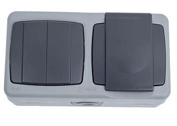 Выключатель + розетка с крышкой Makel 2-клав.16A пластик серый 36064208