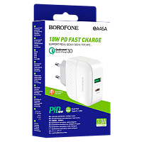 Сетевое З/У Borofone BA46A 1USB/Type-C 3.0A 18W QC3.0 белый (1/32/128)