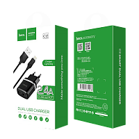 Сетевое З/У HOCO C12 2USB 2.4A с кабелем Lightning черный (1/10/100)