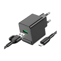 Сетевое З/У Borofone BAS12A Erudite 1USB 3.0A 18W QC,FCP,AFC с кабелем Type-C черный (1/48/192)