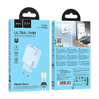 Сетевое З/У HOCO C142A 1USB+1Type-C 20W PD,QC с кабелем Type-C/Type-C голубой (1/19/190)