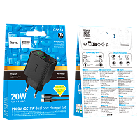Сетевое З/У HOCO CS83A 1USB+1Type-C 3.0A 20W PD,QC дисплей с кабелем Type-C черный (1/18/180) 