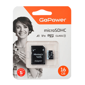 Карта памяти microSD GoPower 16GB Class10 60 МБ/сек V10 с адаптером
