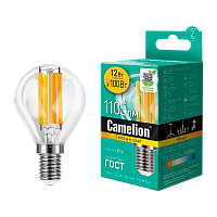 Лампа светодиодная филамент Camelion G45 E14 12W 3000К 207-244V шар прозрачная (1/10/100)