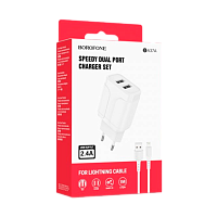 Сетевое З/У Borofone BA37A 2USB 2.4A с кабелем Lightning белый (1/28/112) 