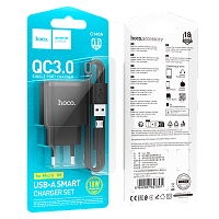 Сетевое З/У HOCO C140A 1USB 2.1A 18W QC3.0 с кабелем microUSB черный (1/28/168)