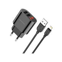 Сетевое З/У Borofone BA63A 2USB 2.4A дисплей с кабелем Lightning черный