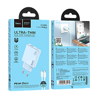 Сетевое З/У HOCO C142A 1USB+1Type-C 20W PD,QC с кабелем Type-C/Type-C голубой (1/19/190)