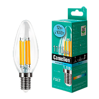 Лампа светодиодная филамент Camelion C35 E14 12W 4500К 207-244V свеча прозрачная (1/10/100)