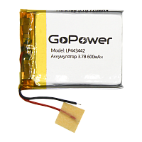 Аккумулятор Li-Pol GoPower LP443442 PK1 3.7V 600mAh с/з (1/10/250)