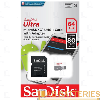 Карта памяти microSD SanDisk ULTRA 64GB Class10 UHS-I (U1) 80 МБ/сек с адаптером