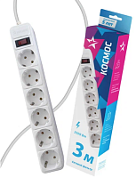 Сетевой фильтр Космос 6р.С/З 16A 3.0м ПВС 3x1мм² с выкл. белый (1/20)