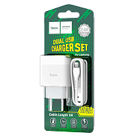 Сетевое З/У HOCO C73A 2USB 2.1A с кабелем Lightning белый (1/30/180)