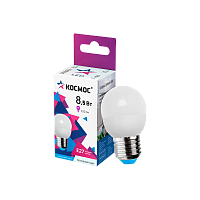 Лампа светодиодная Космос GL45 E27 8.5W 6500К 174-265V шар матовая (1/10/80)