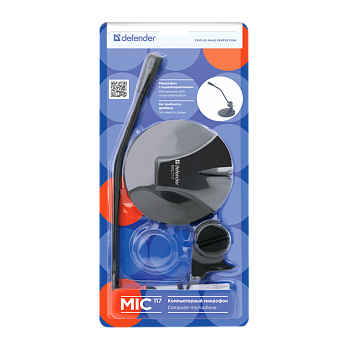 Микрофон Defender MIC-117 конденсаторный 54 дБ 1.8м черный (1/40) 