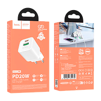 Сетевое З/У HOCO N65 1USB+1Type-C 20W PD,QC с кабелем Type-C-Lightning белый (1/13/130) 