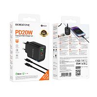 Сетевое З/У Borofone BA83A 1USB+1Type-C 3.0A 20W PD,QC с кабелем Lightning/Type-C черный (1/40/160)