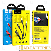 Кабель HOCO X14 USB (m)-2хType-C/Lightning/microUSB (m) 1м 2.0A нейлон красный (1/20/200)