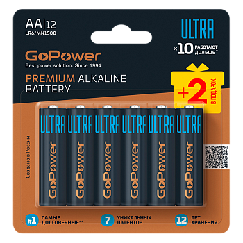 Батарейка GoPower Ультра/ULTRA LR6 AA BL10+2 Щелочная 1.5V (12/72/576)