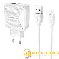 Сетевое З/У Borofone BA45A 2USB 2.4A с кабелем microUSB белый (1/44/176)