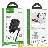 Сетевое З/У HOCO C86A 2USB 2.4A дисплей с кабелем Lightning черный (1/13/130) 