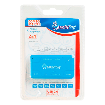 Картридер Smartbuy 750 USB2.0 SD/microSD/MS/M2 Combo с USB хабами голубой 