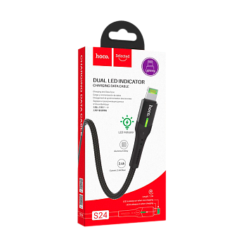 Кабель HOCO S24 USB (m)-Lightning (m) 1.2м 2.4A ткань черный (1/20/200)