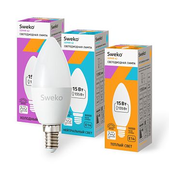 Лампа светодиодная Sweko C35 E14 15W 6500К 230V свеча (1/5/100)