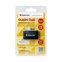 Переходник Defender Quadro Dual Type-C (m)-2xUSB (f) пластик черный (1/100)