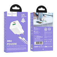 Сетевое З/У HOCO N65 1USB+1Type-C 20W PD,QC с кабелем Type-C белый (1/13/130)