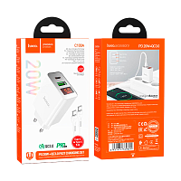 Сетевое З/У HOCO C100A 1USB/Type-C 3.0A 20W QC3.0 дисплей белый (1/13/130)